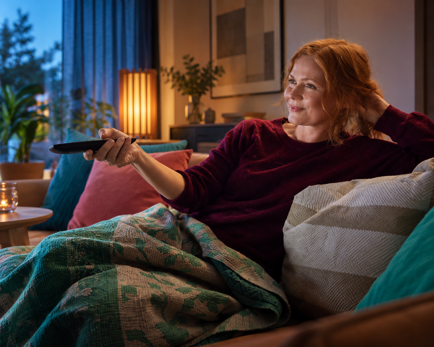 Kvinde slapper af i sofaen med fjernbetjeningen en hyggelig aften